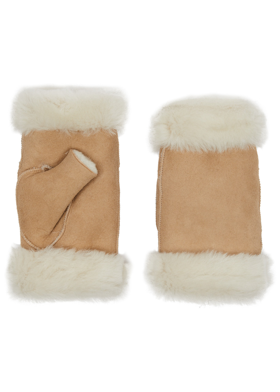 Dents Vera Fingerless Shearling Mittens - Camel - M