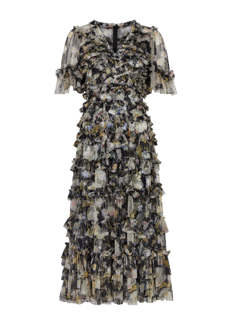 Needle & Thread Moonlight Petals Floral-print Tulle Midi Dress In Black