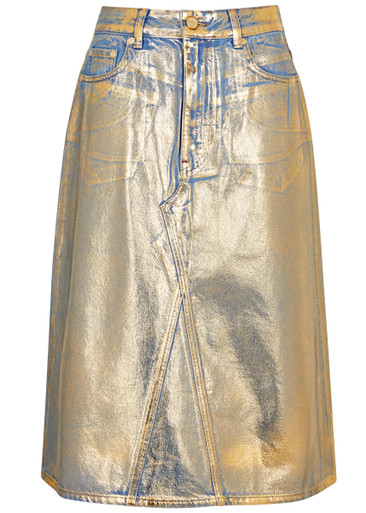 GANNI Foil-print denim midi skirt | Harvey Nichols