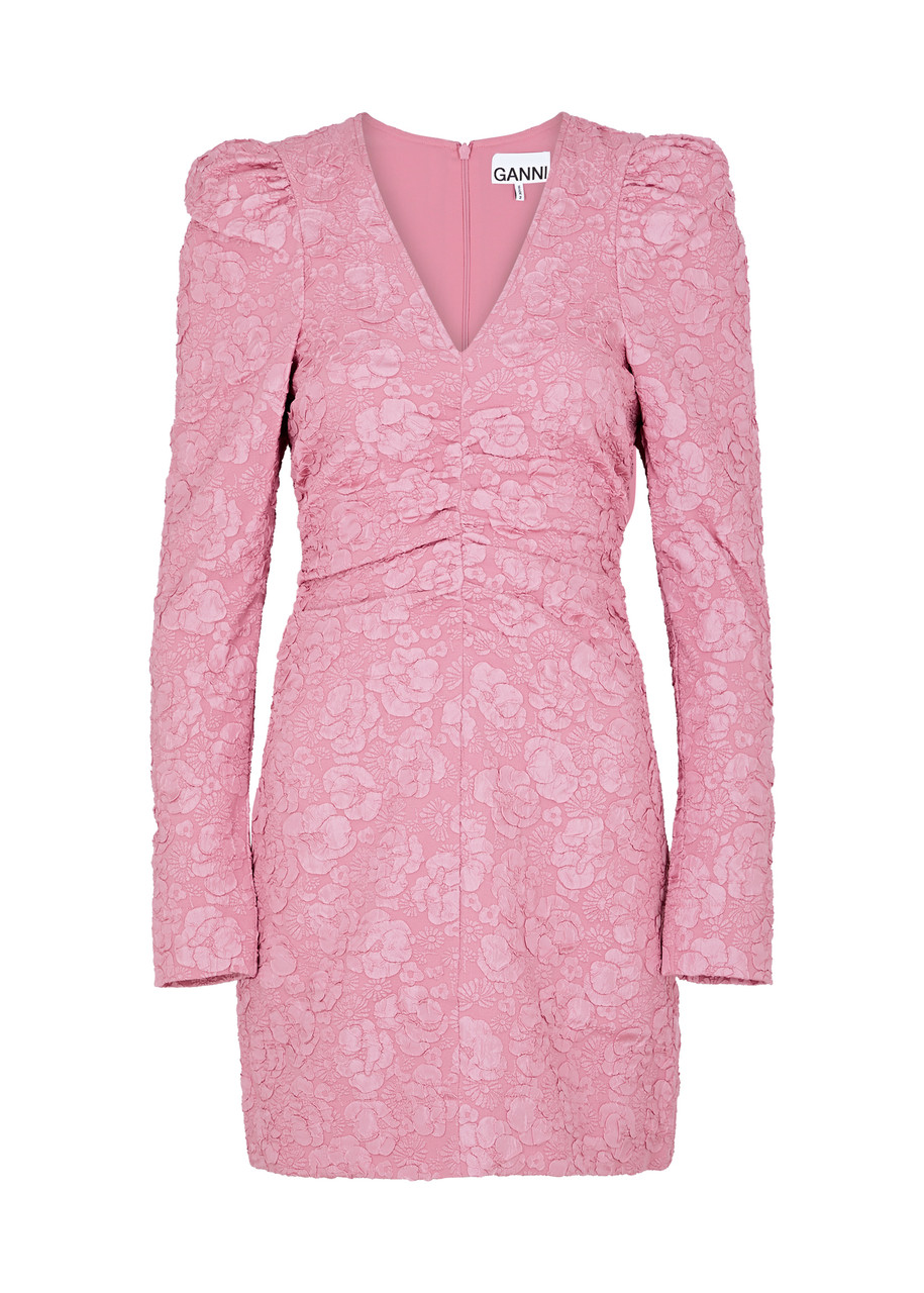 Ganni Floral-jacquard Mini Dress - Pink