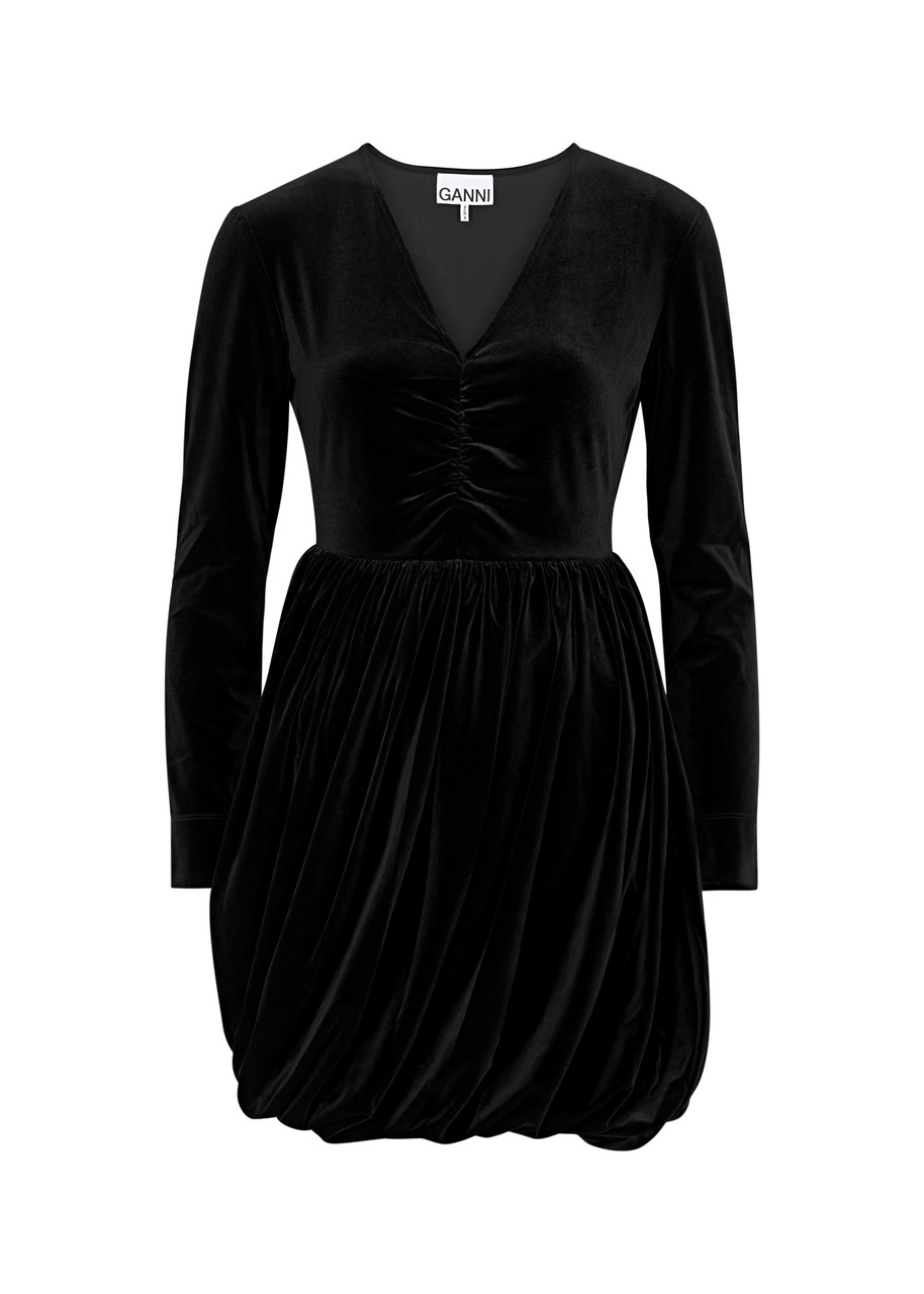 Shop Ganni Ruched Velvet Mini Dress In Black