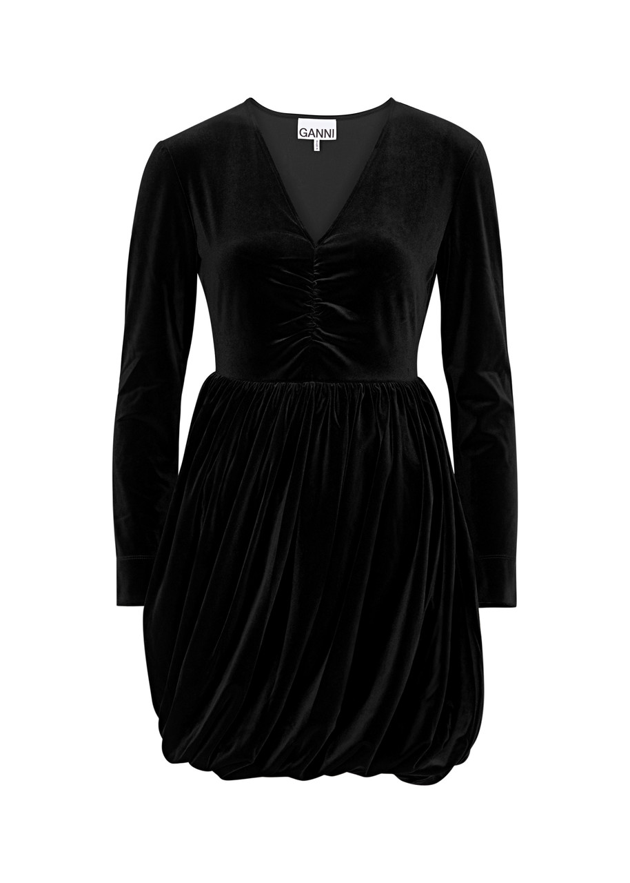 Ganni Ruched Velvet Mini Dress - Black - 40 (UK12 / M)