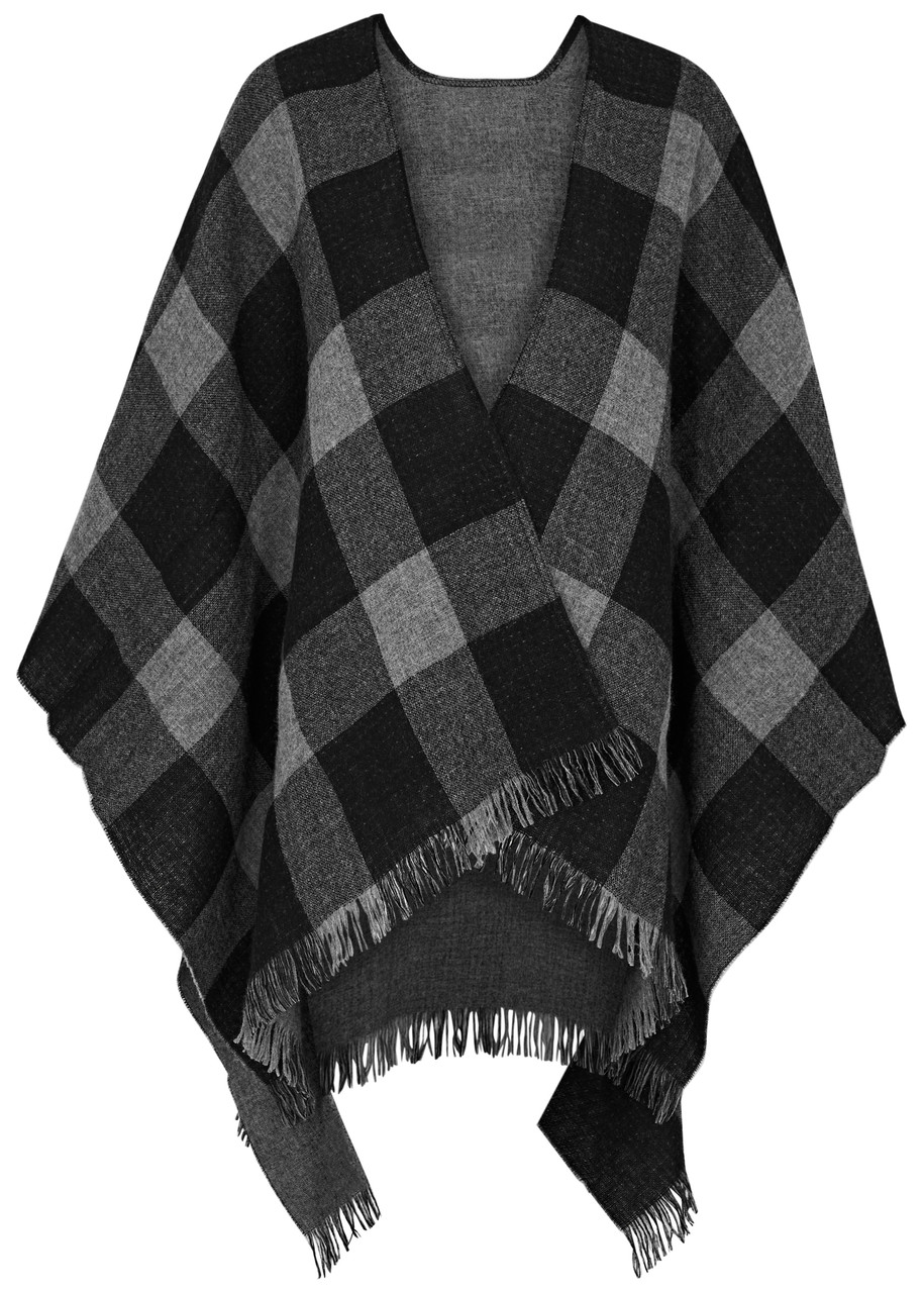 Eileen Fisher Checked Fringed Wool Poncho In Grey