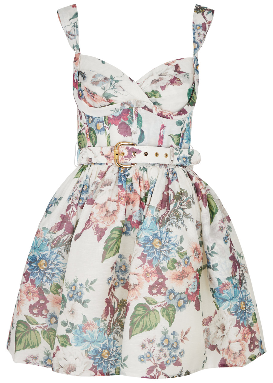 Zimmermann Matchmaker Belted Printed Linen And Silk-blend Mini Dress In White