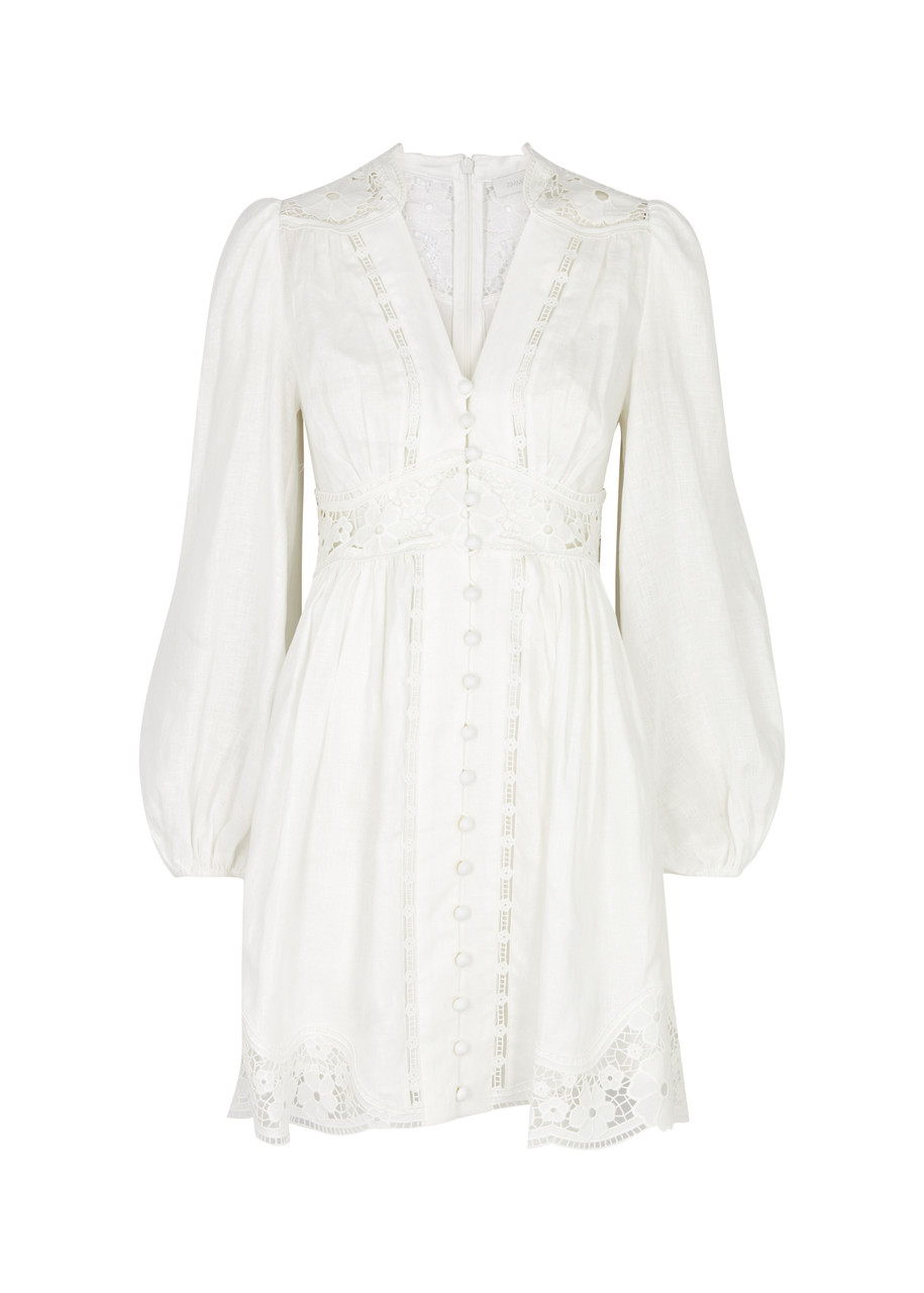 Shop Zimmermann August Lace-panelled Linen Mini Dress In Ivory