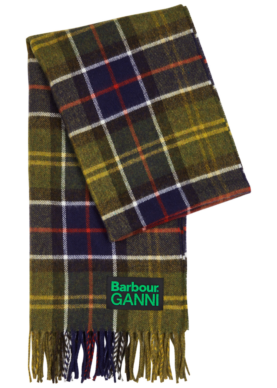 Shop Barbour X Ganni Checked Wool Scarf In Multicoloured
