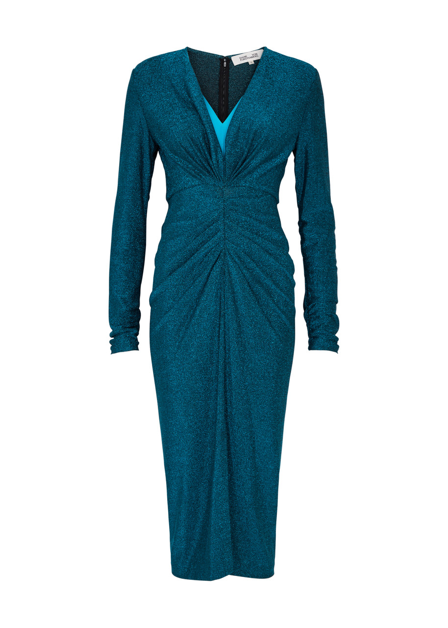 Shop Diane Von Furstenberg Hades Glittered Stretch-jersey Midi Dress In Blue