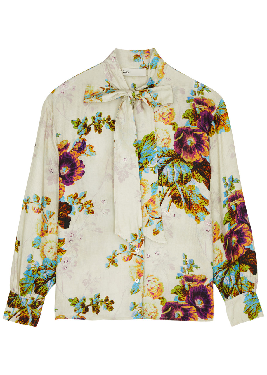 Tory Burch Printed Viscose Bow Blouse In Multicoloured