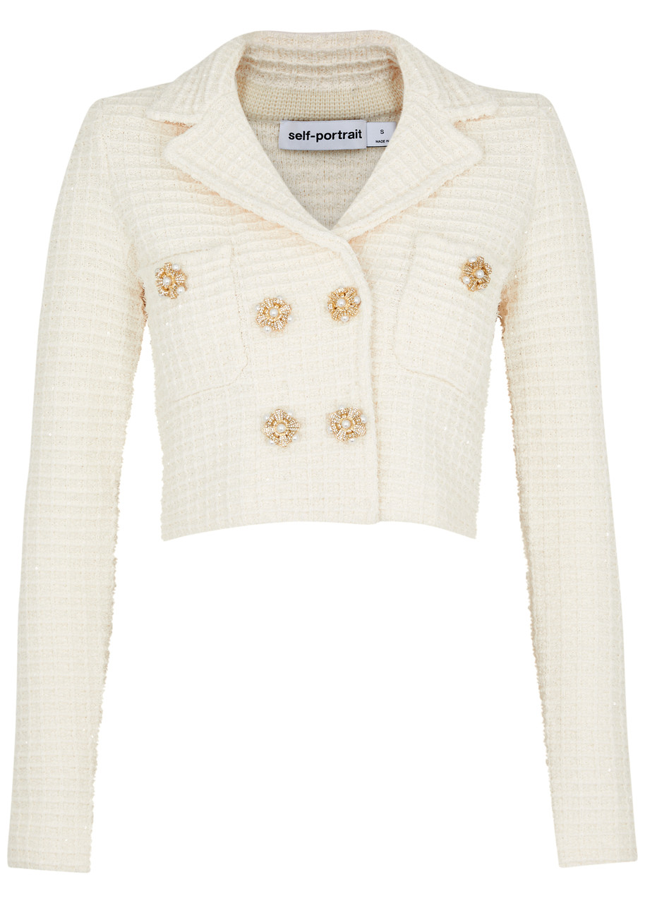 Self-portrait Embellished Cropped Waffle-knit Blazer In Cream