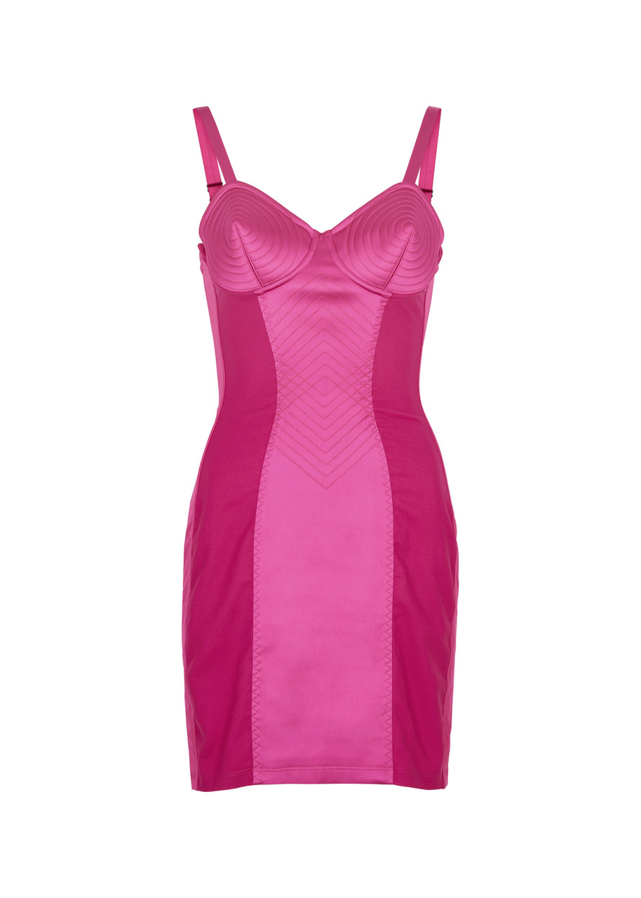 Jean Paul Gaultier Conical Panelled Satin Mini Dress In Bright Pink