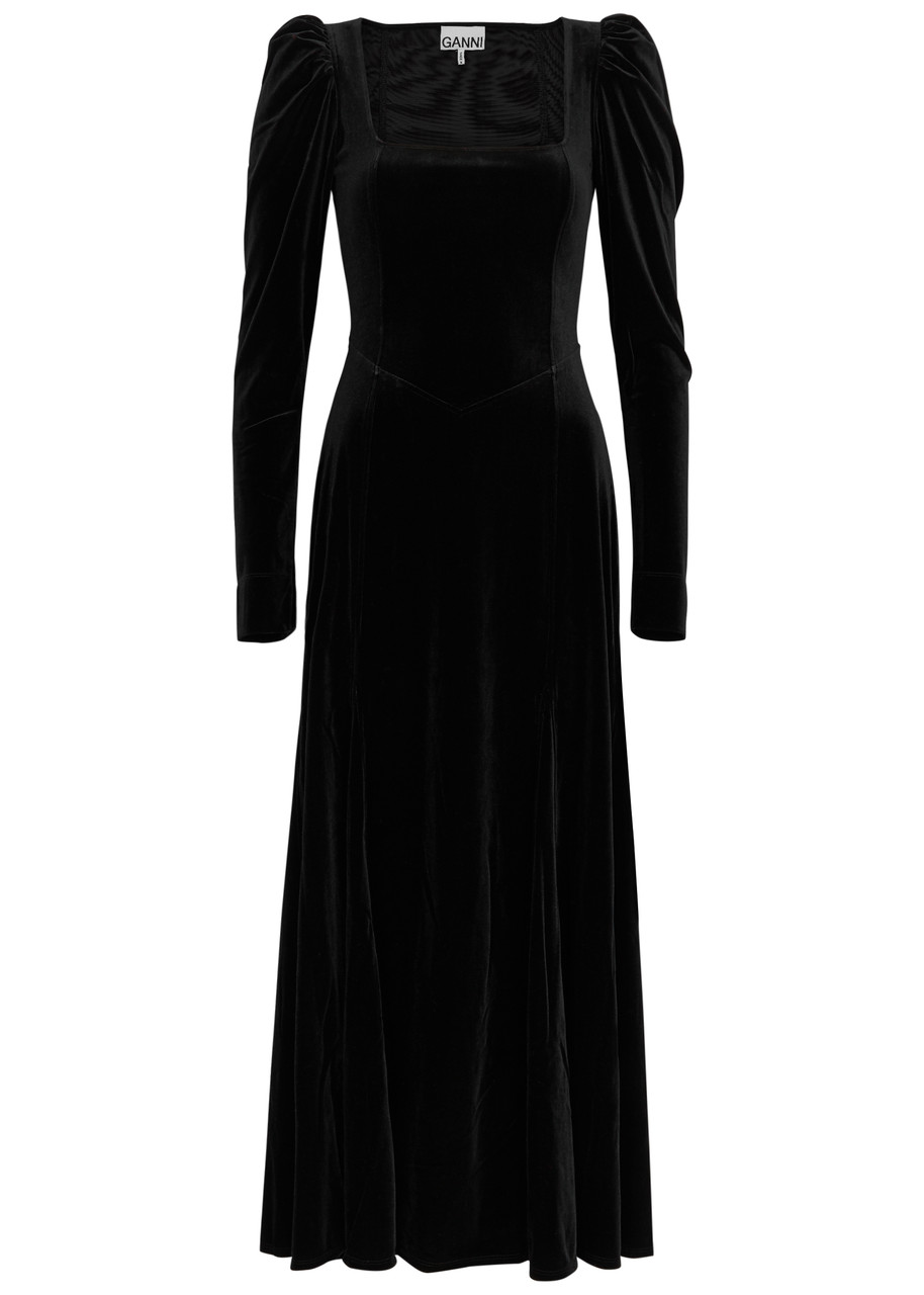 Ganni Velvet Midi Dress In Black