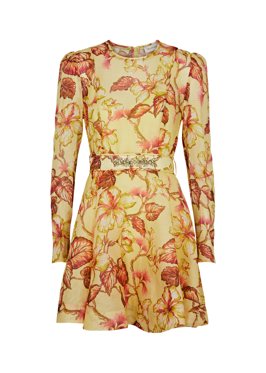 Shop Zimmermann Matchmaker Floral-print Linen-blend Mini Dress In Yellow