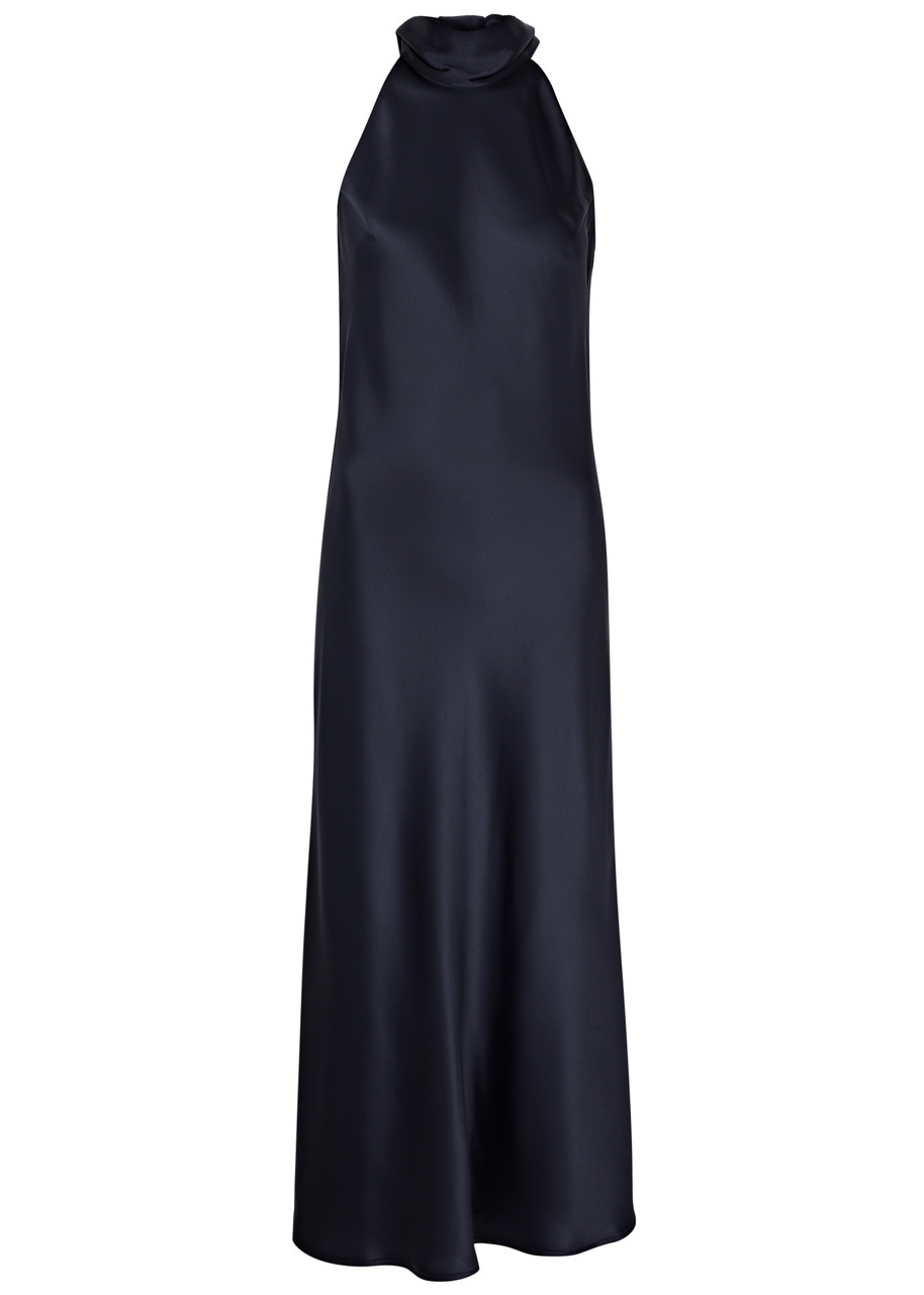 Galvan Pandora Satin Halterneck Midi-dress In Navy