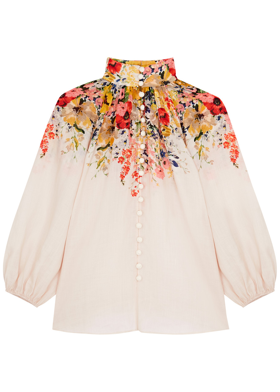 Shop Zimmermann Alight Floral-print Linen Blouse In Ivory