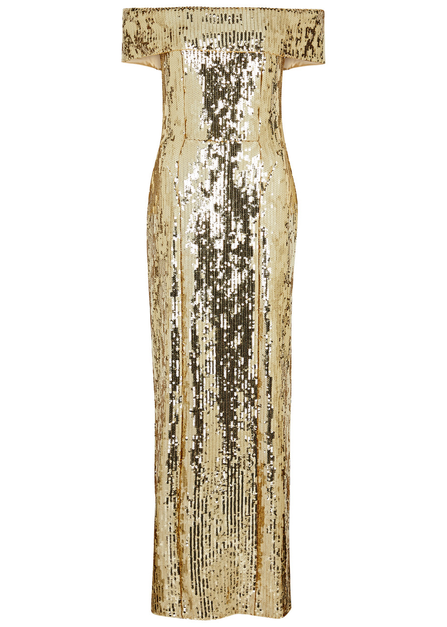 Galvan Glencoe Off-the-shoulder Sequin Gown In Gold