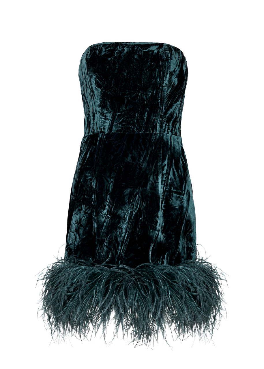 Shop 16arlington Minelli Feather-trimmed Velvet Mini Dress In Teal