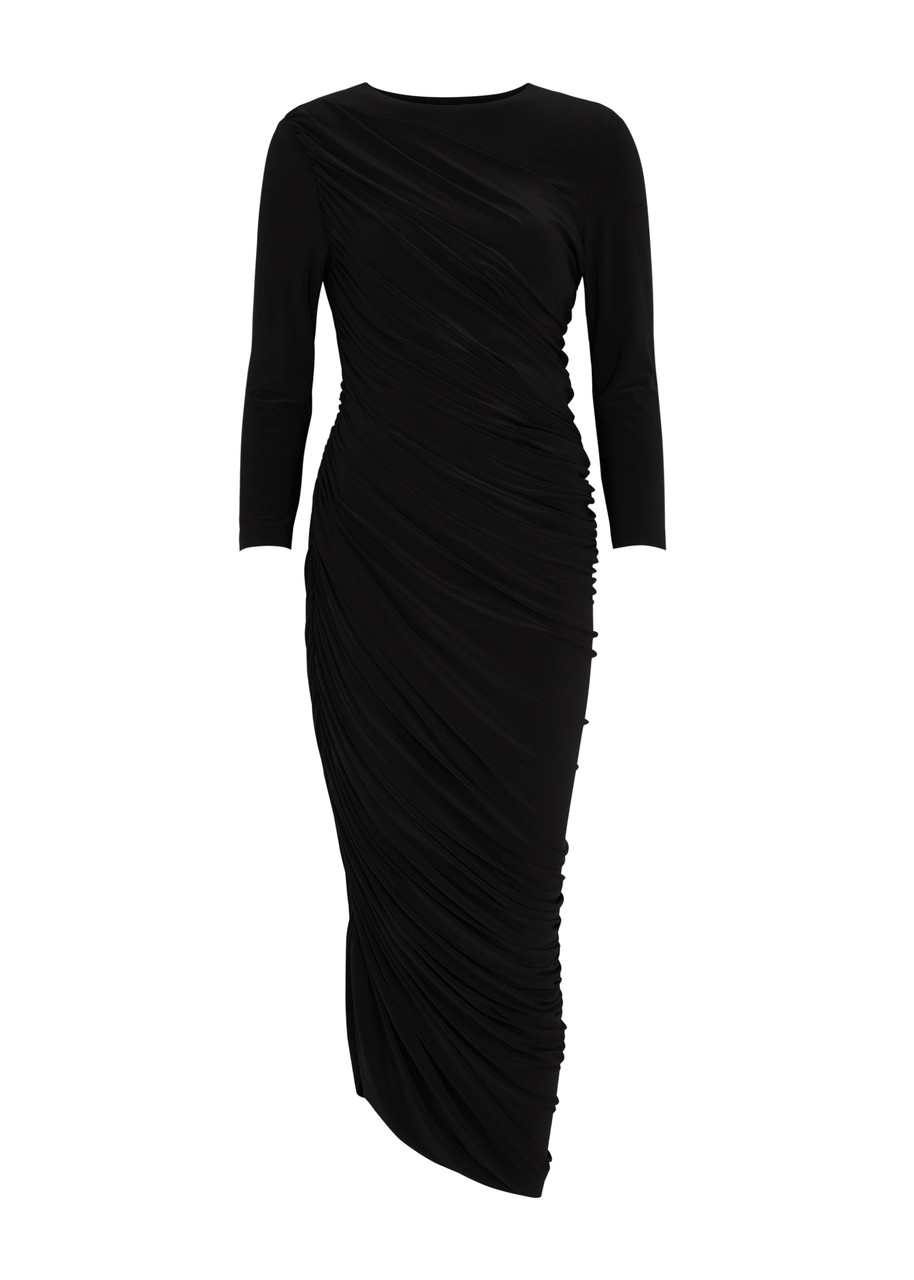 Norma Kamali Diana Asymmetric Ruched Jersey Midi Dress In Black
