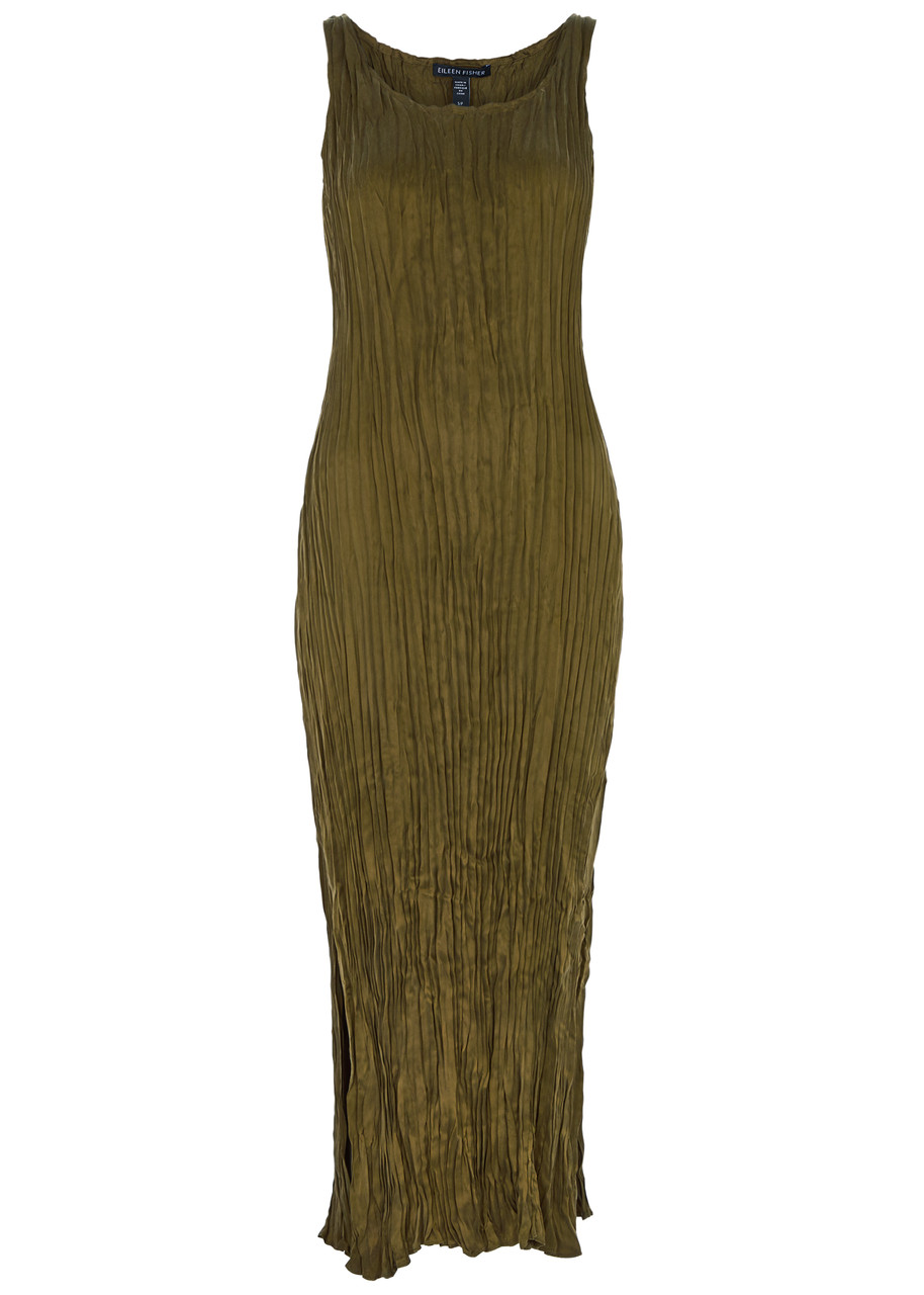 Eileen Fisher Crushed Plissé Midi Dress In Brown