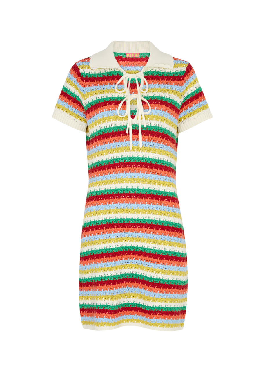Shop Kitri Ridley Striped Crochet-knit Mini Dress In Blue