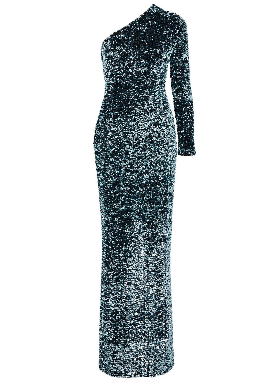 Shop Solace London Romy Sequin-embellished Velvet Gown In Teal