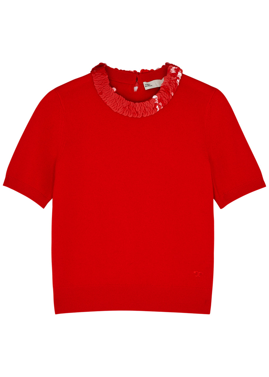 Tory Burch Sequin-embellished Wool-blend Top In Red