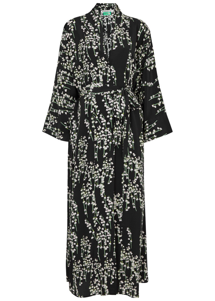 Bernadette Peignoir Floral-print Silk Wrap Dress In Black