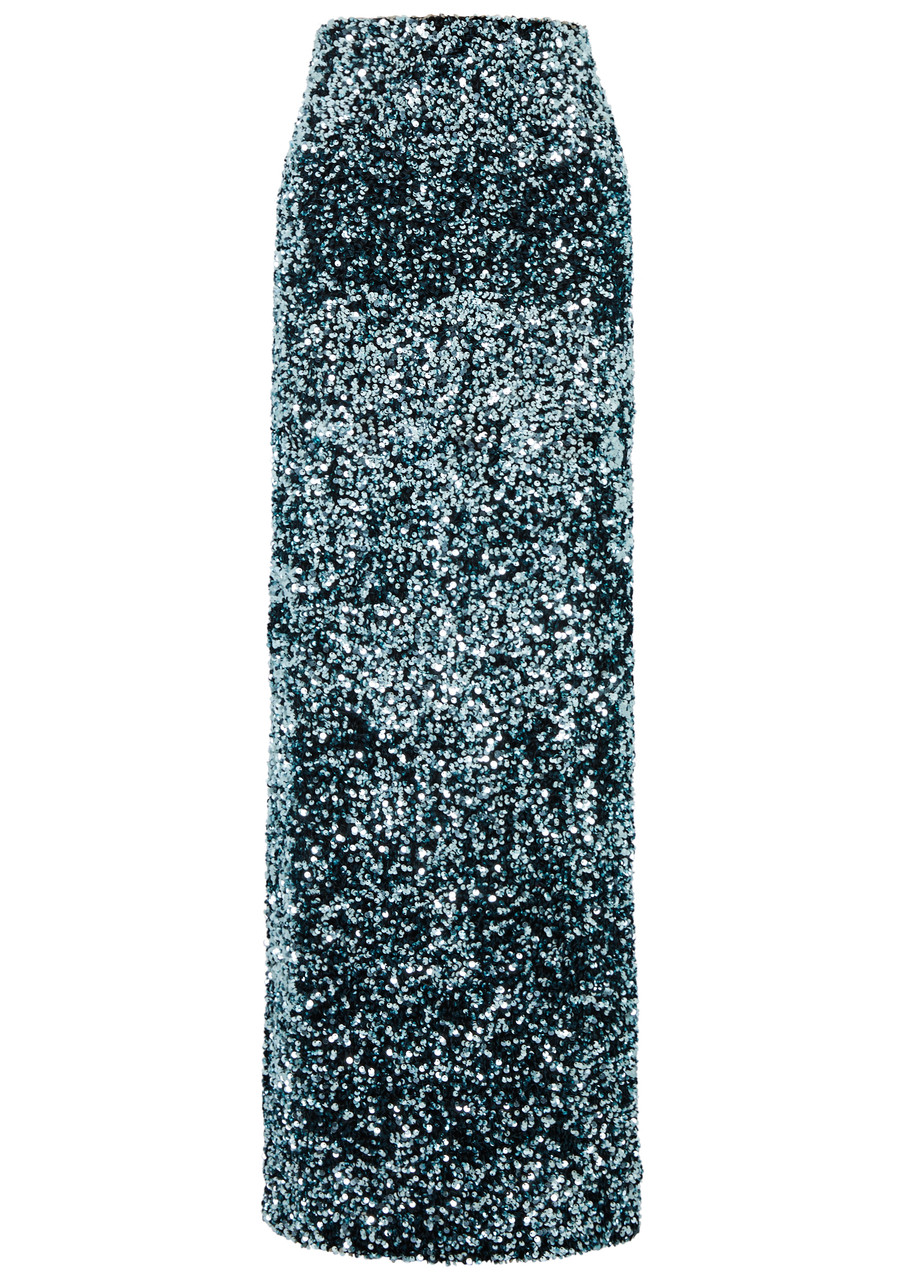 Solace London Tumi Sequin-embellished Velvet Maxi Skirt In Teal