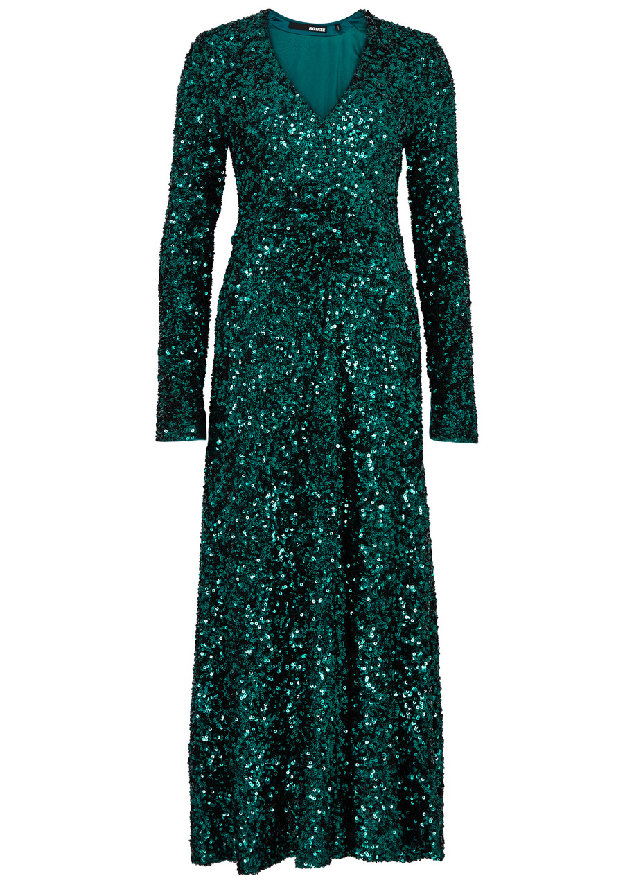 Shop Rotate Birger Christensen Sequin-embellished Midi Dress In Dark Green