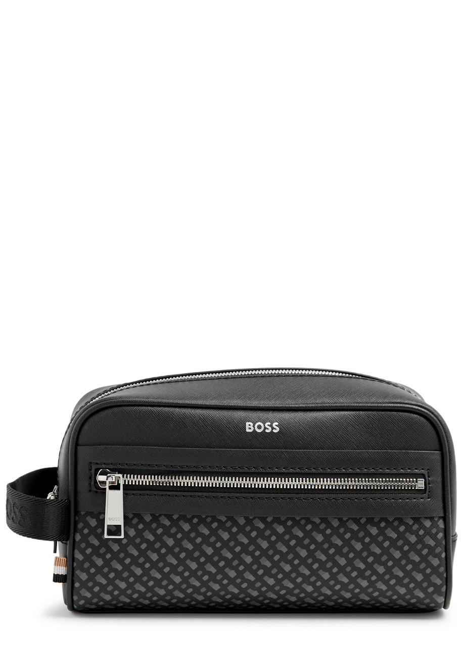 Hugo Boss Zair Monogrammed Leather Wash Bag In Black
