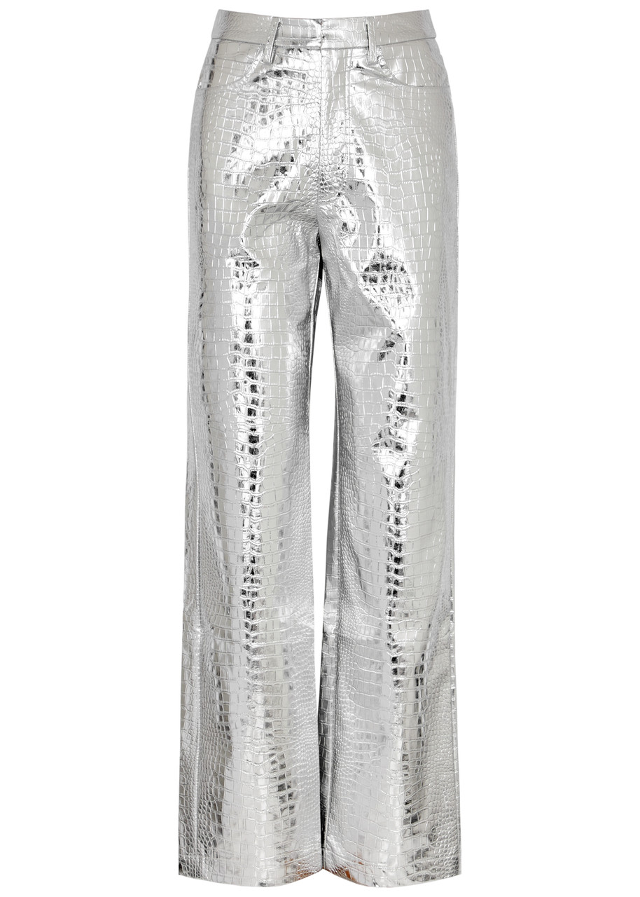 Rotate Birger Christensen Crocodile-effect Metallic Faux Leather Trousers In Silver