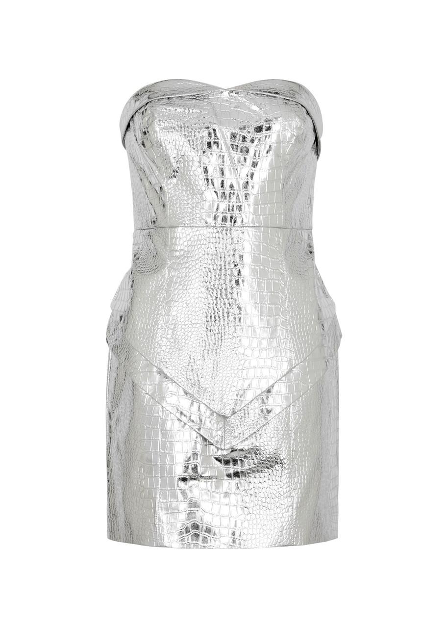 Rotate Birger Christensen Womens Silver Croc-embossed Metallic Faux-leather Mini Dress
