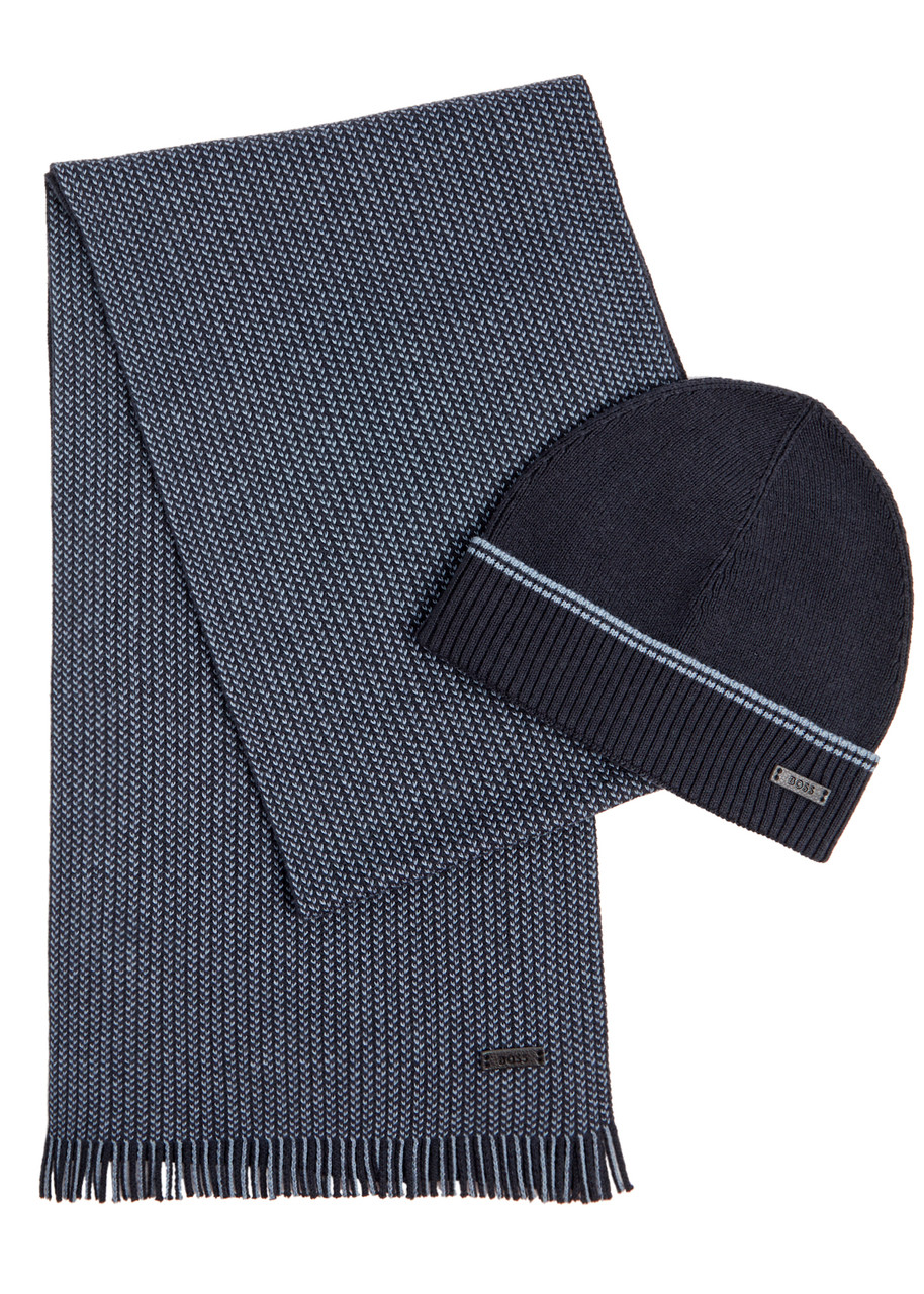 Hugo Boss Mind Cotton-blend Beanie And Scarf Set In Navy