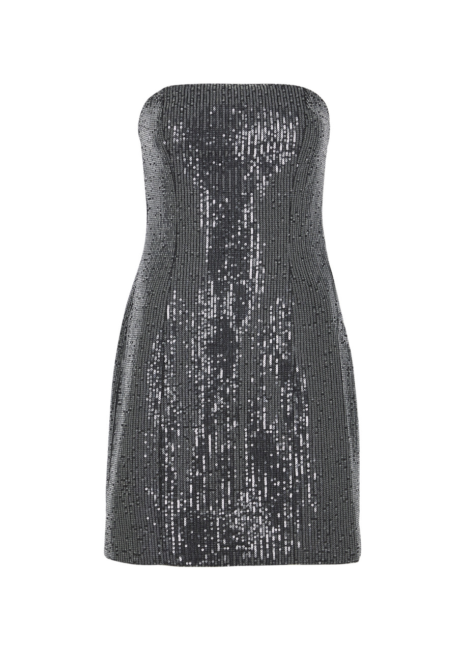 Shop Rotate Birger Christensen Strapless Sequin-embellished Denim Mini Dress In Black
