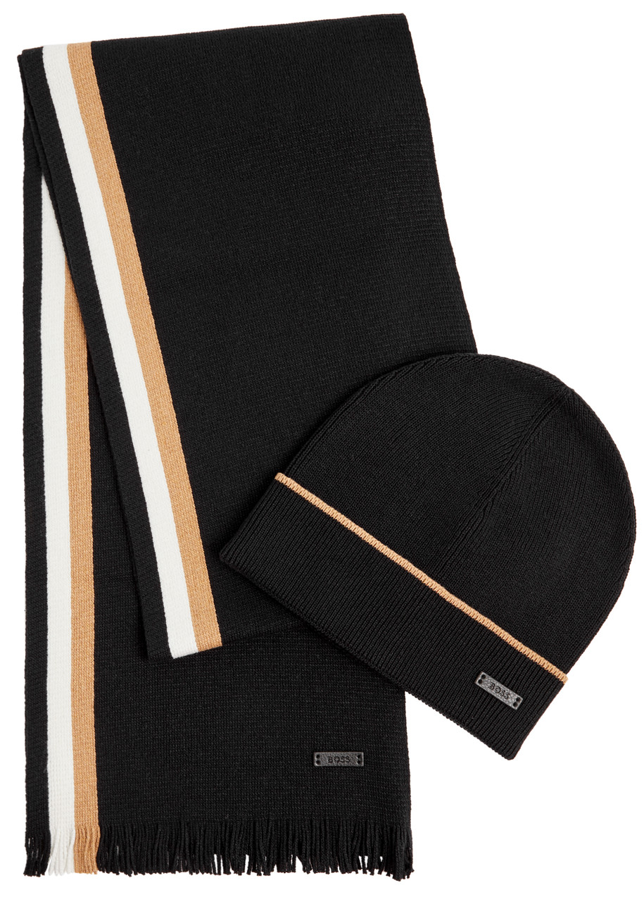 Hugo Boss Morbido Knitted Beanie And Scarf Set In Black