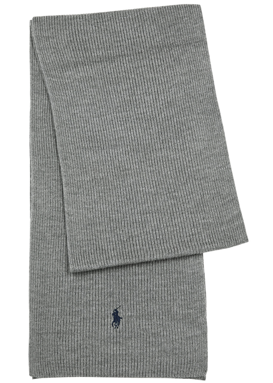 Polo Ralph Lauren Logo-embroidered Ribbed Wool Scarf In Grey