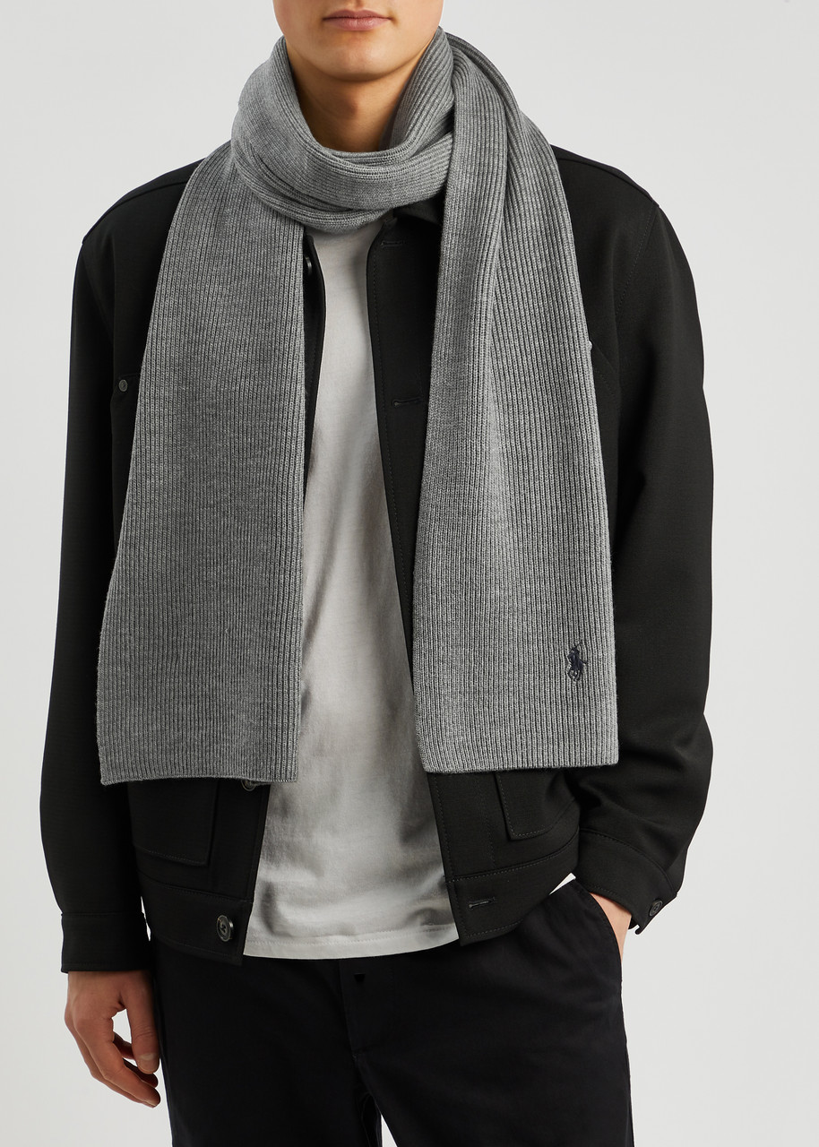 Polo Ralph Lauren Logo-embroidered Ribbed Wool Scarf In Grey