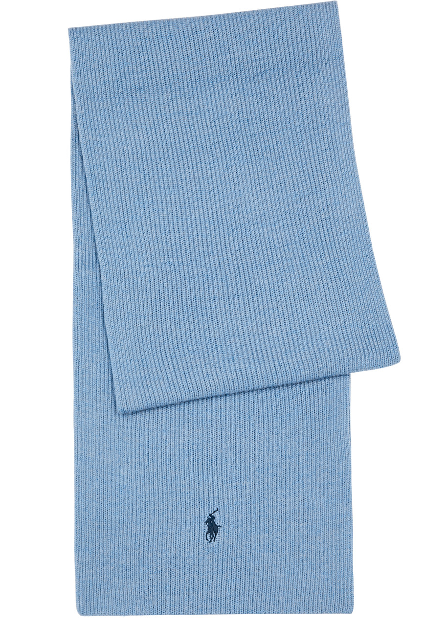 Polo Ralph Lauren Logo-embroidered Ribbed Wool Scarf In Light Blue