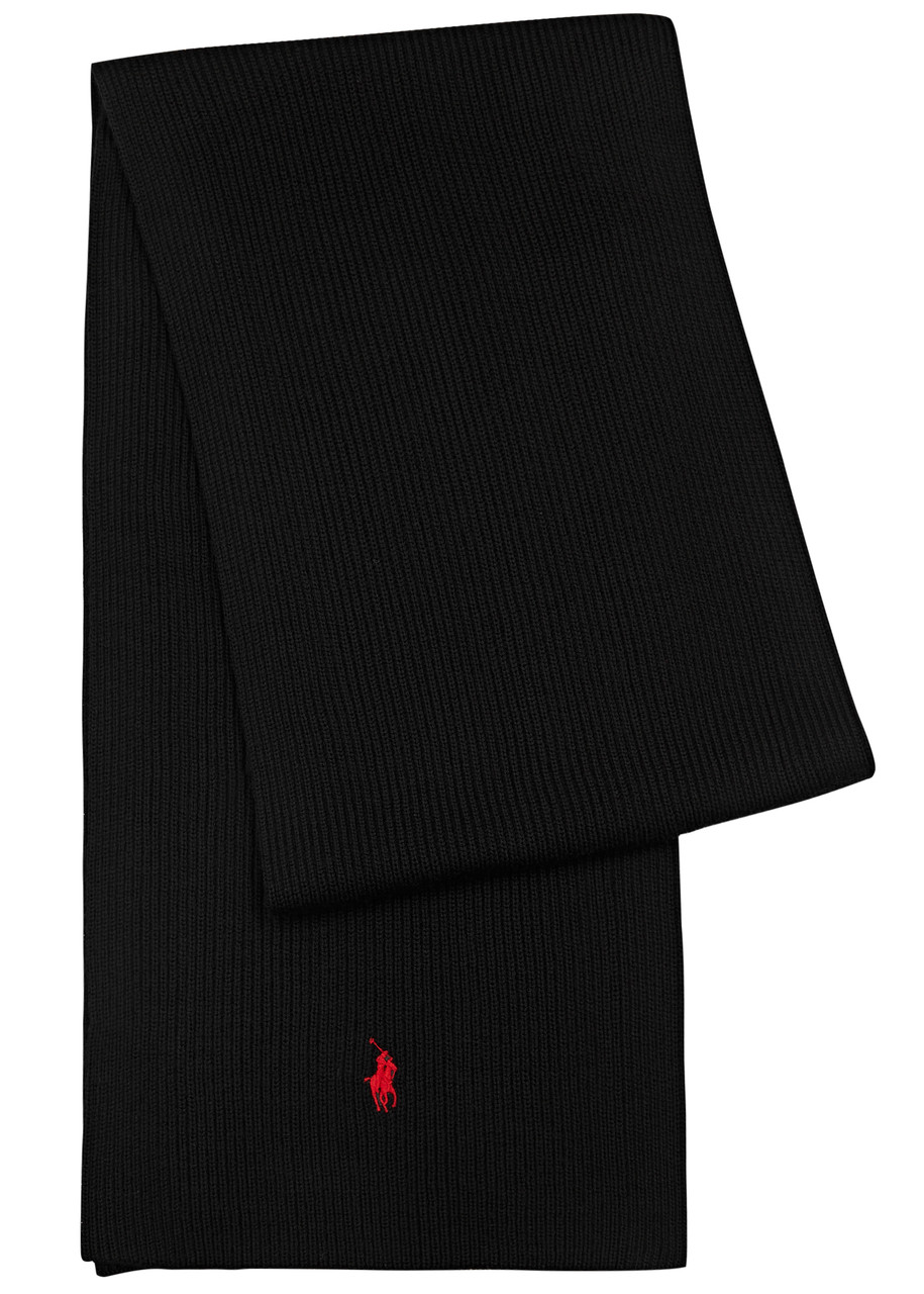 Polo Ralph Lauren Logo-embroidered Ribbed Wool Scarf In Black