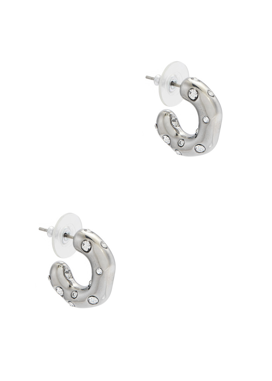 Kenneth Jay Lane Free Form Crystal-embellished Hoop Earrings In Silver