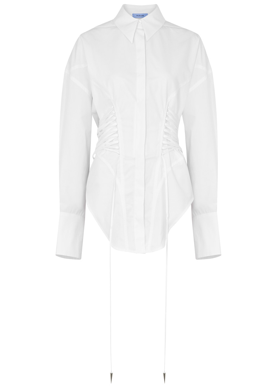 Shop Mugler Lace-up Corset Cotton-poplin Shirt In White