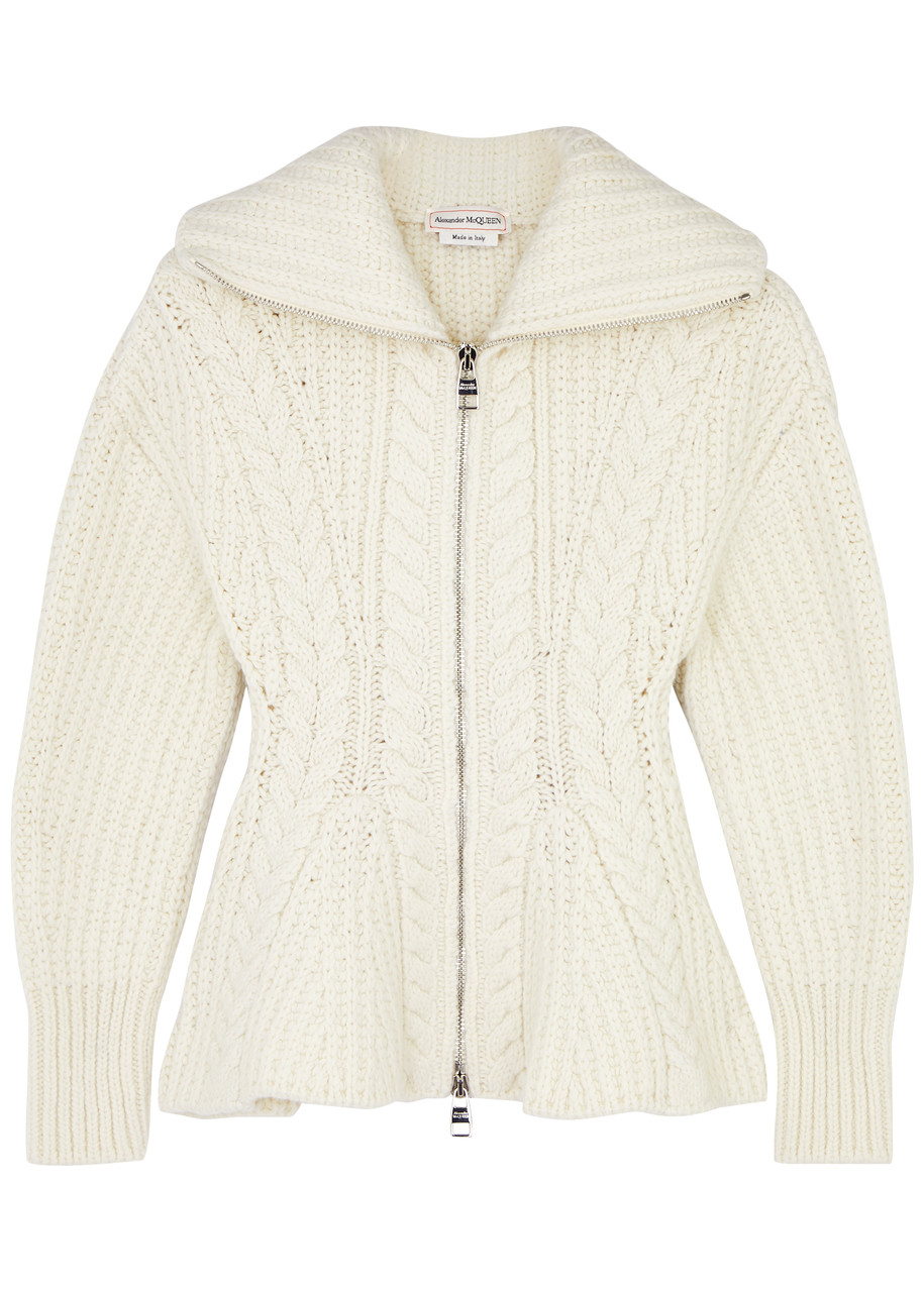 Shop Alexander Mcqueen Cable-knit Peplum Wool-blend Cardigan In Ivory