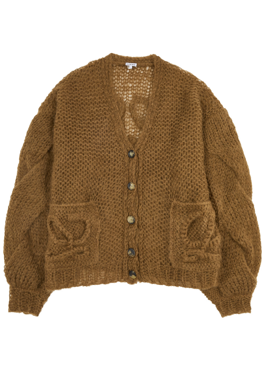 Loewe Anagram Open-knit Mohair-blend Cardigan - Brown