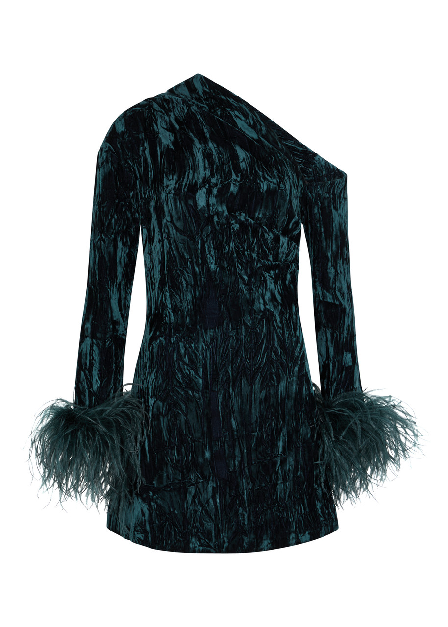 16arlington Adelaide Feather-trim Crushed-velvet Midi Dress In Teal