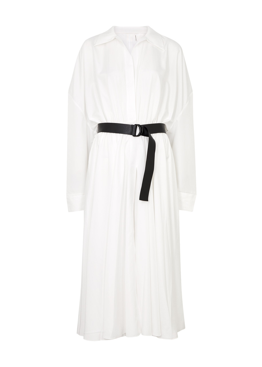 Norma Kamali Belted Matte Satin Shirt Dress In White