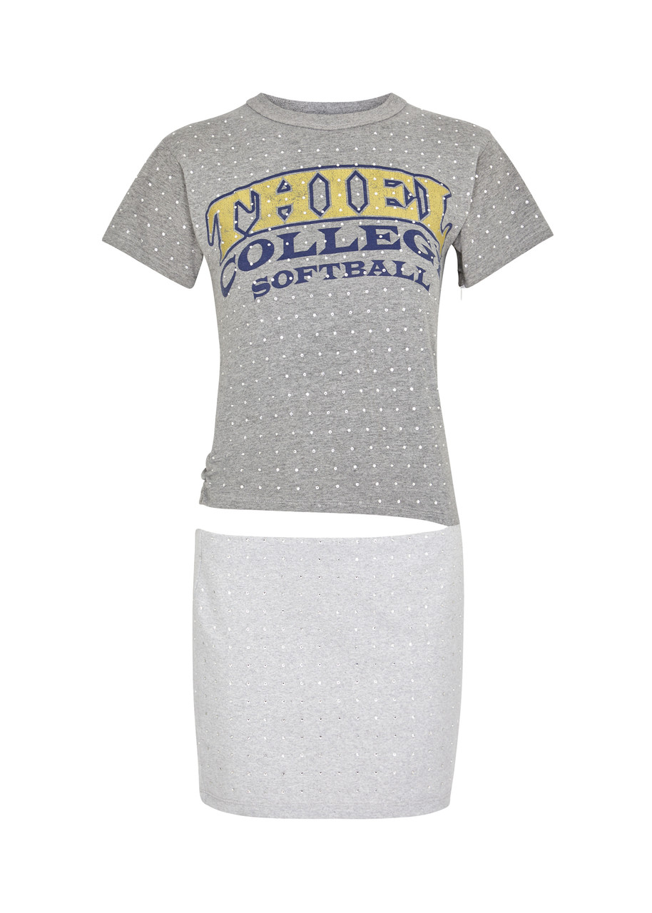 Conner Ives Reconstituted Embellished Printed Cotton Mini Dress In Grey