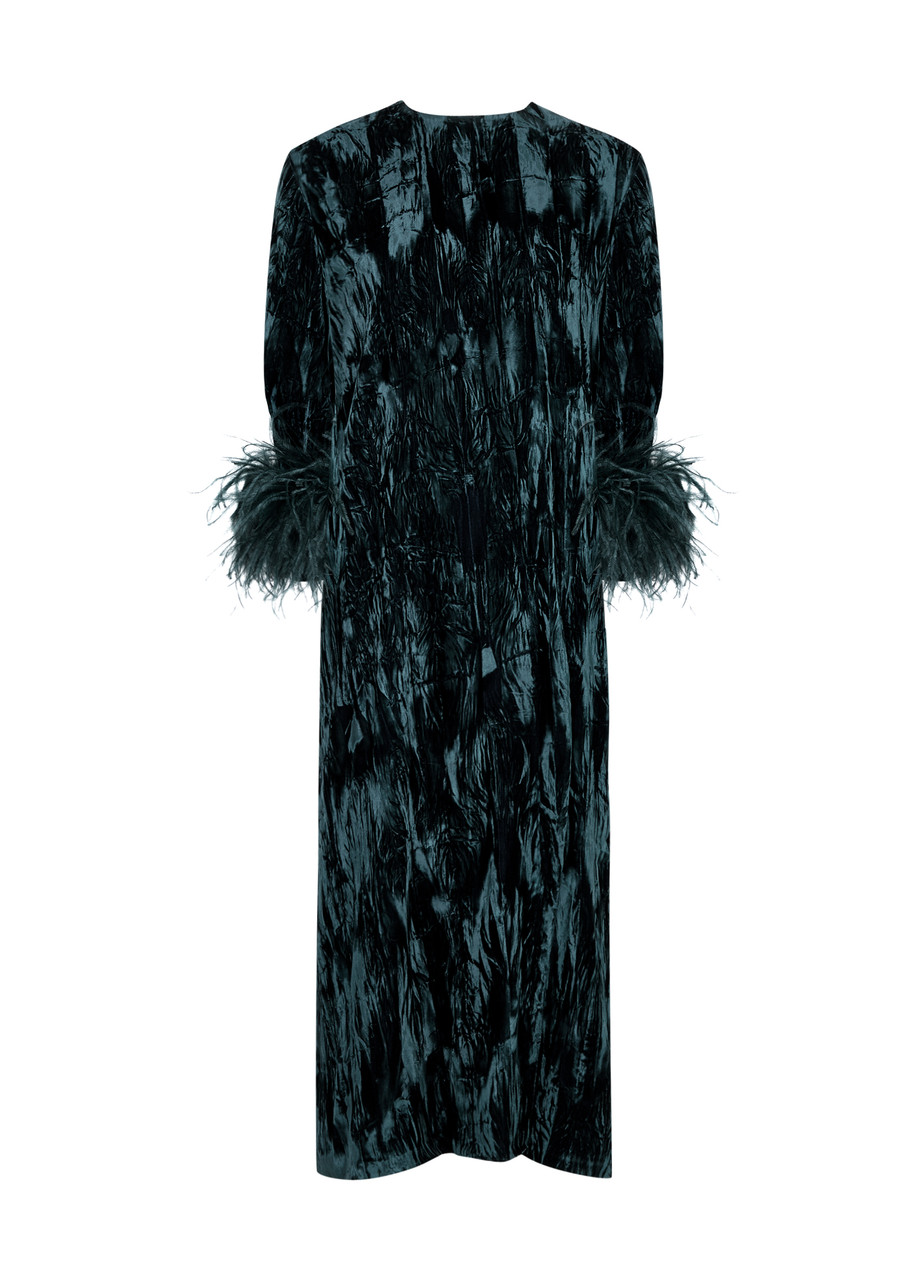 16arlington Billie Feather-trimmed Velvet Midi Dress In Teal