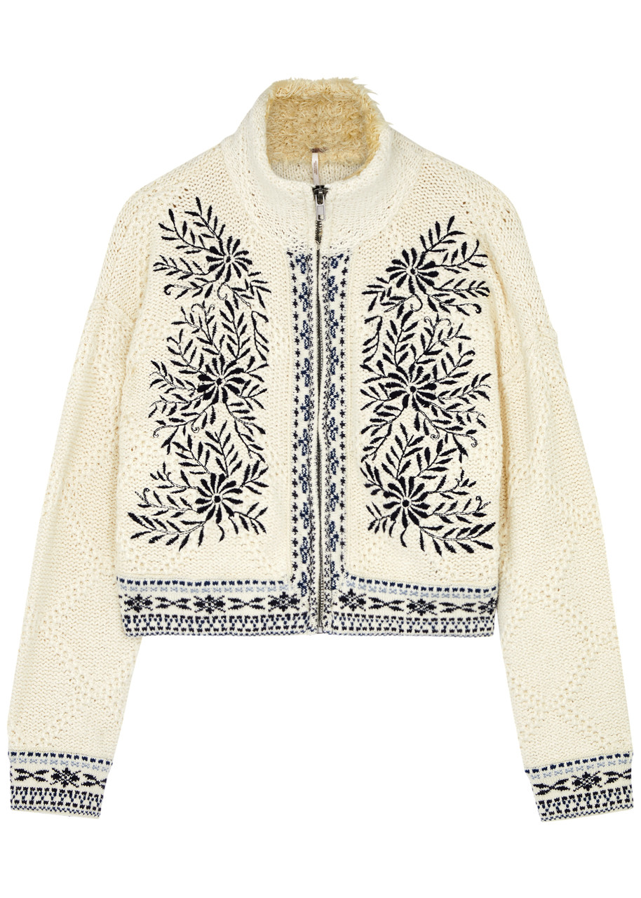 Free People True Embroidered Knitted Cardigan In Cream