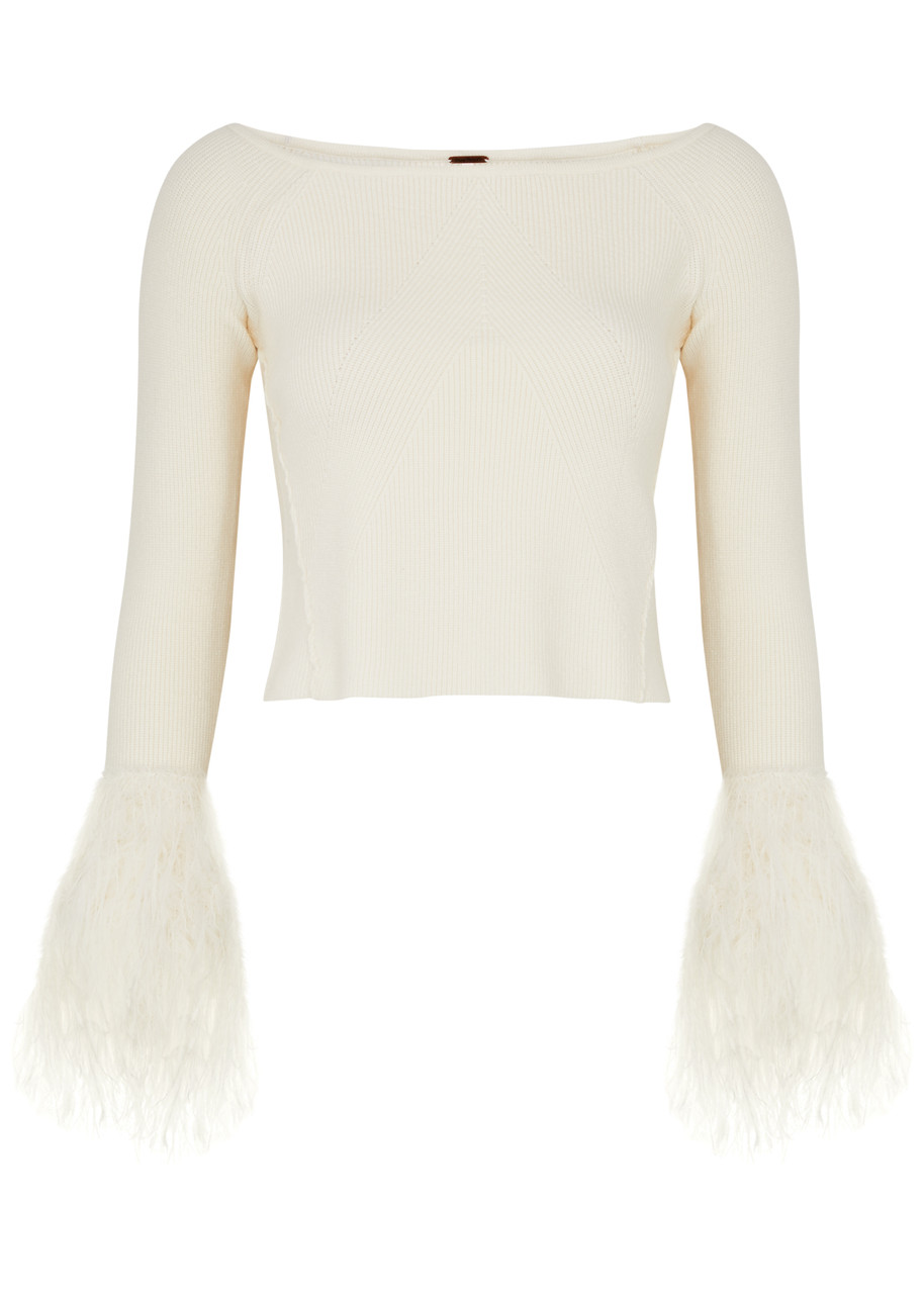 Shop Free People Marilyn Feather-trimmed Ribbed Top In Ivory