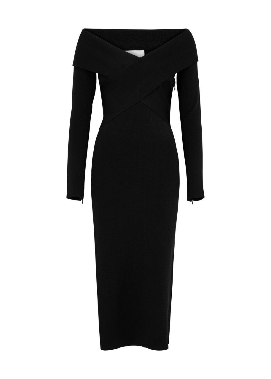 Shop Roland Mouret Cross-over Knitted Midi Dress In Black