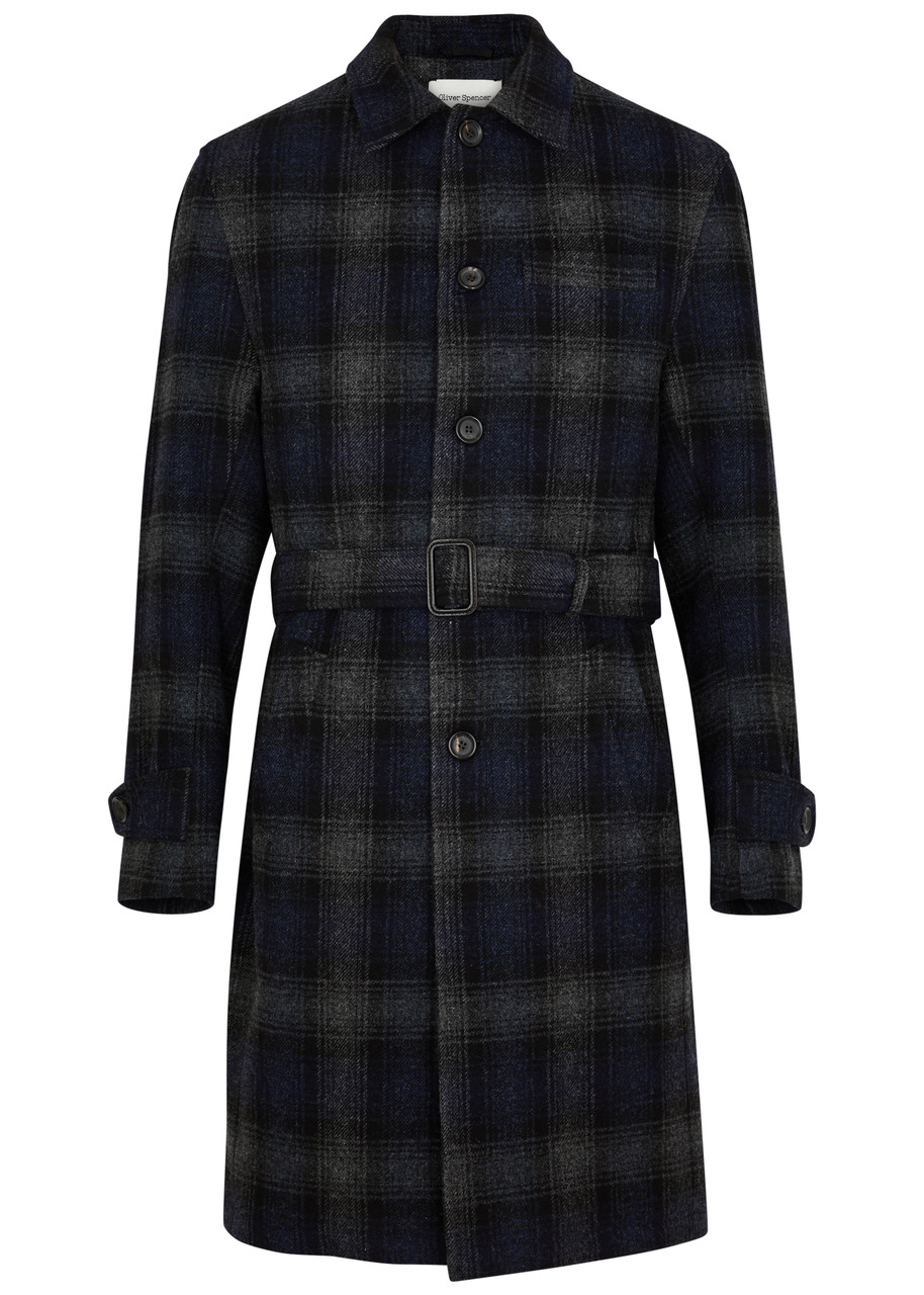 Oliver Spencer Grandpa Checked Wool Coat In Navy